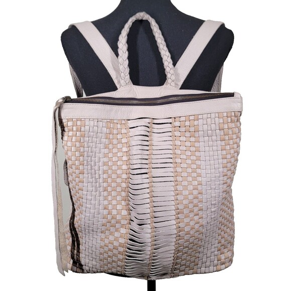 Cleobella Handbags - Cleobella Pink Cream Woven Leather Backpack Boho Braided Straps Large Tote Bag